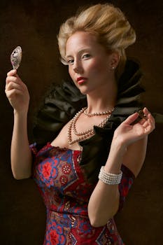 一位优雅女子身着复古时尚，手持镜子，展现永恒的美丽