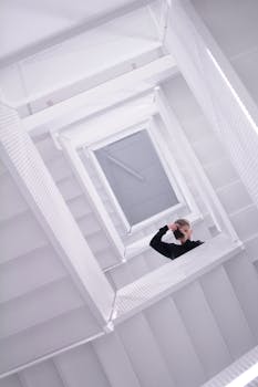 极简主义环境中，螺旋楼梯上一个人向上攀爬的戏剧性景象