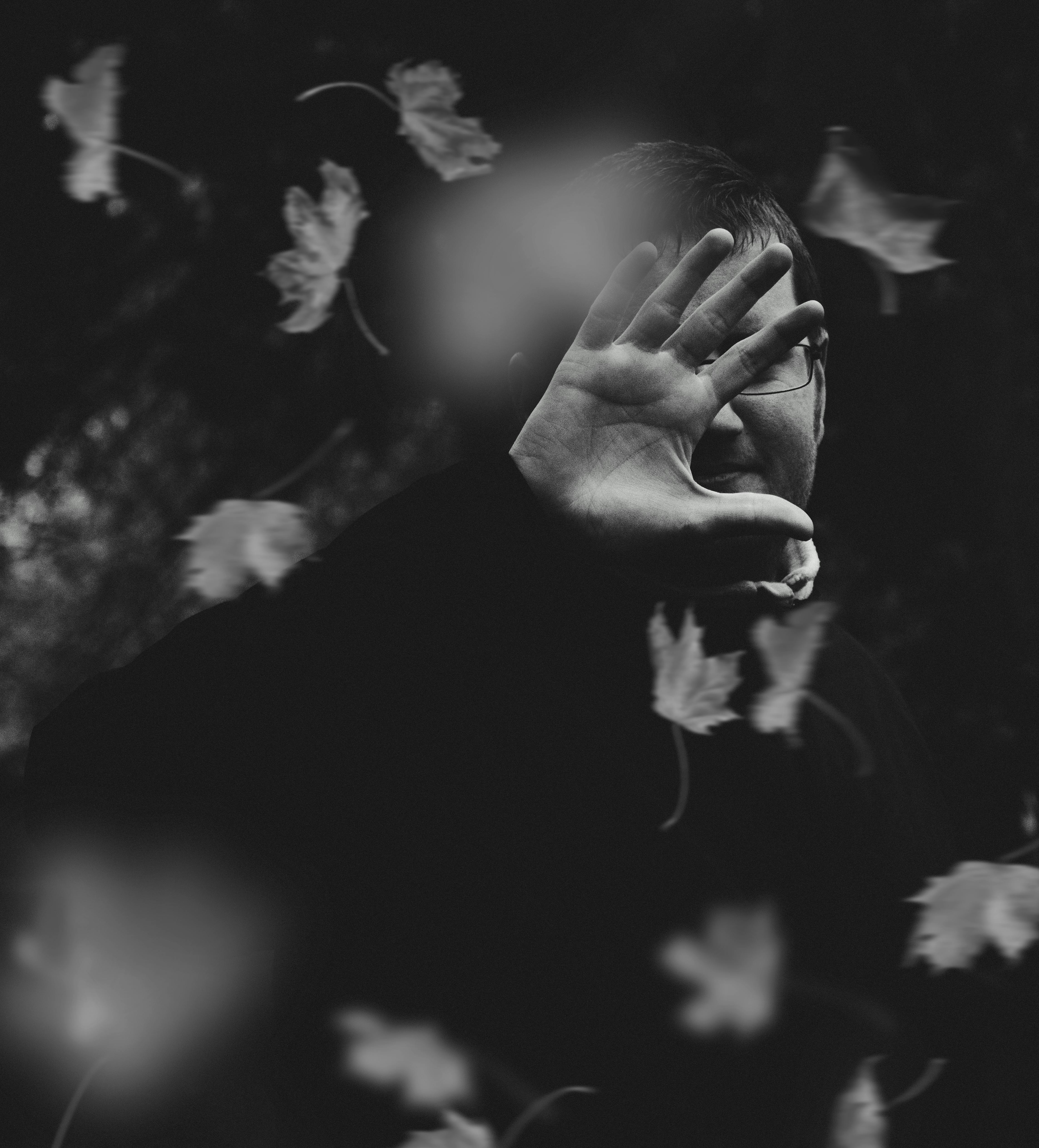 一幅描绘了被手和漂浮的树叶部分遮蔽的人的神秘黑白肖像