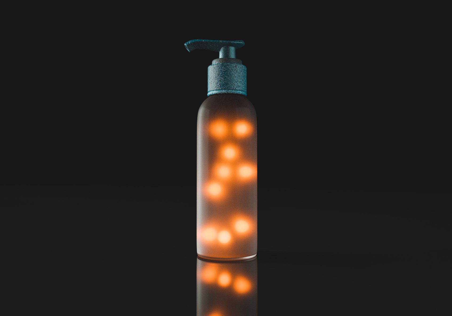 Illuminated soap dispenser against a dark background with light reflections.