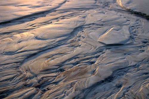 Free Captivating natural patterns formed in the wet sand on Guaratuba Beach, Brazil's coast. Stock Photo