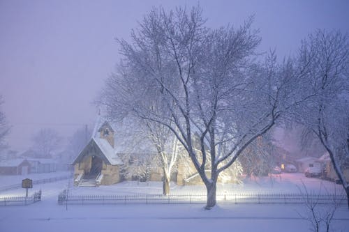 A church in the snow with a tree and fence