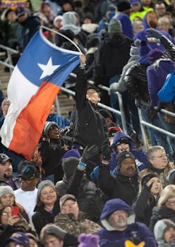 热闹的人群在户外活动中高举德克萨斯州国旗，捕捉到兴奋与团结的氛围