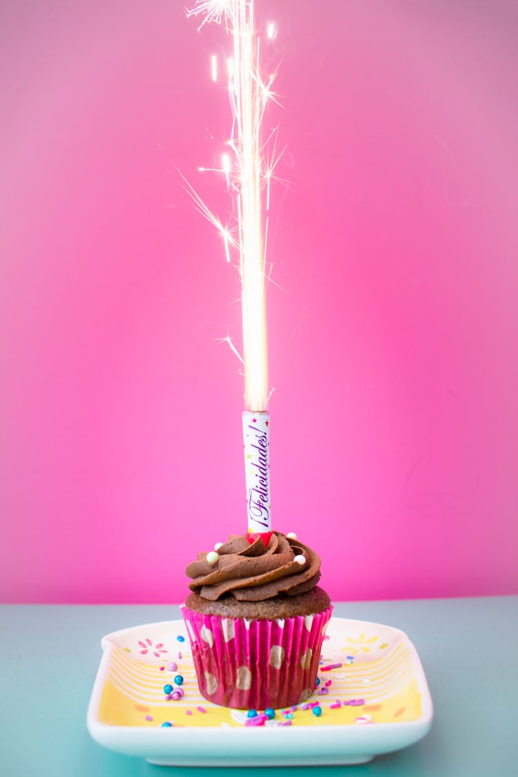 Cupcake With Chocolate Icing And Sparkler