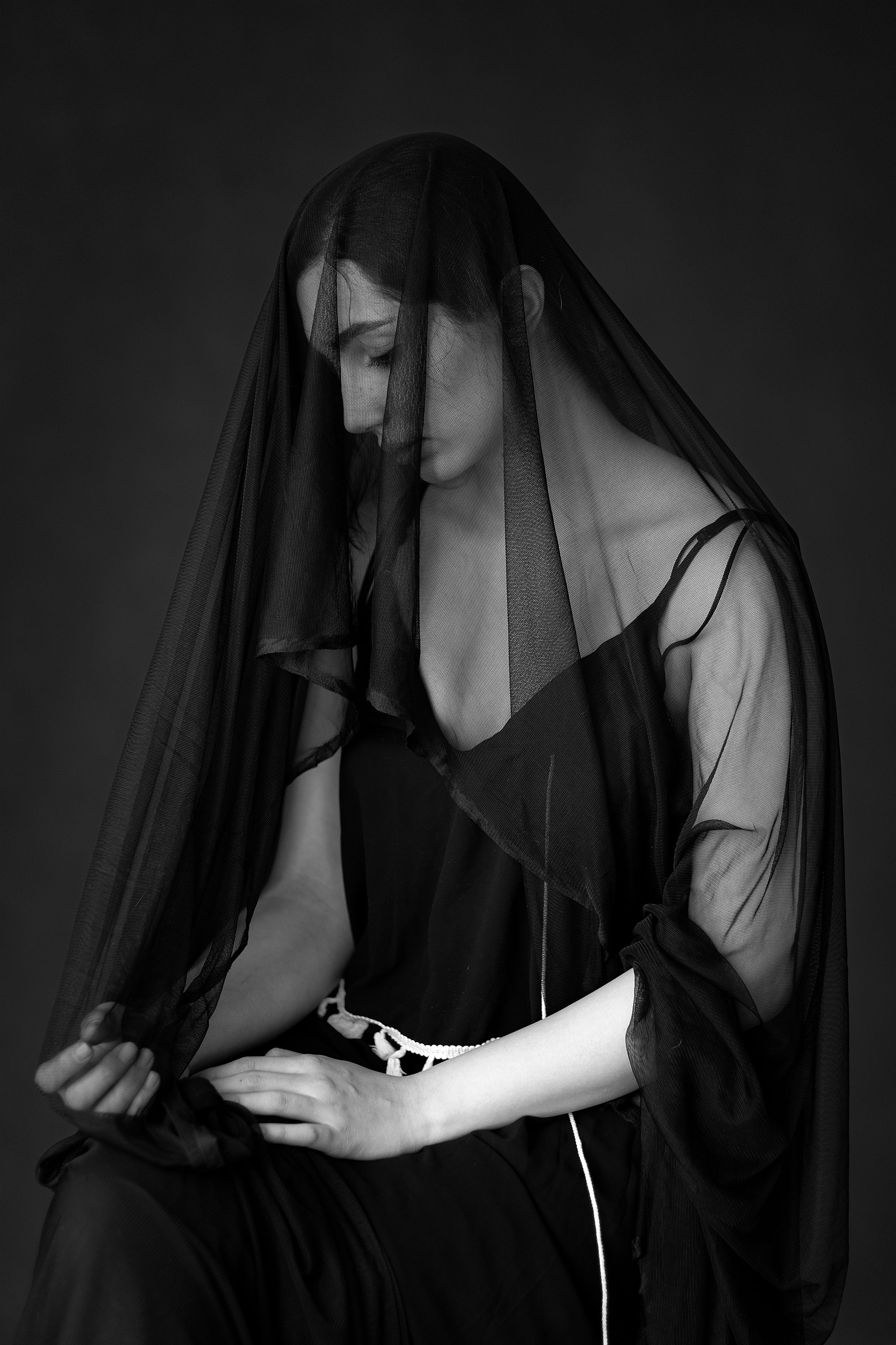 Woman Sitting in Veil in Black and White · Free Stock Photo
