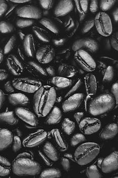 Black and white close-up of coffee beans showcasing detailed texture and natural patterns.