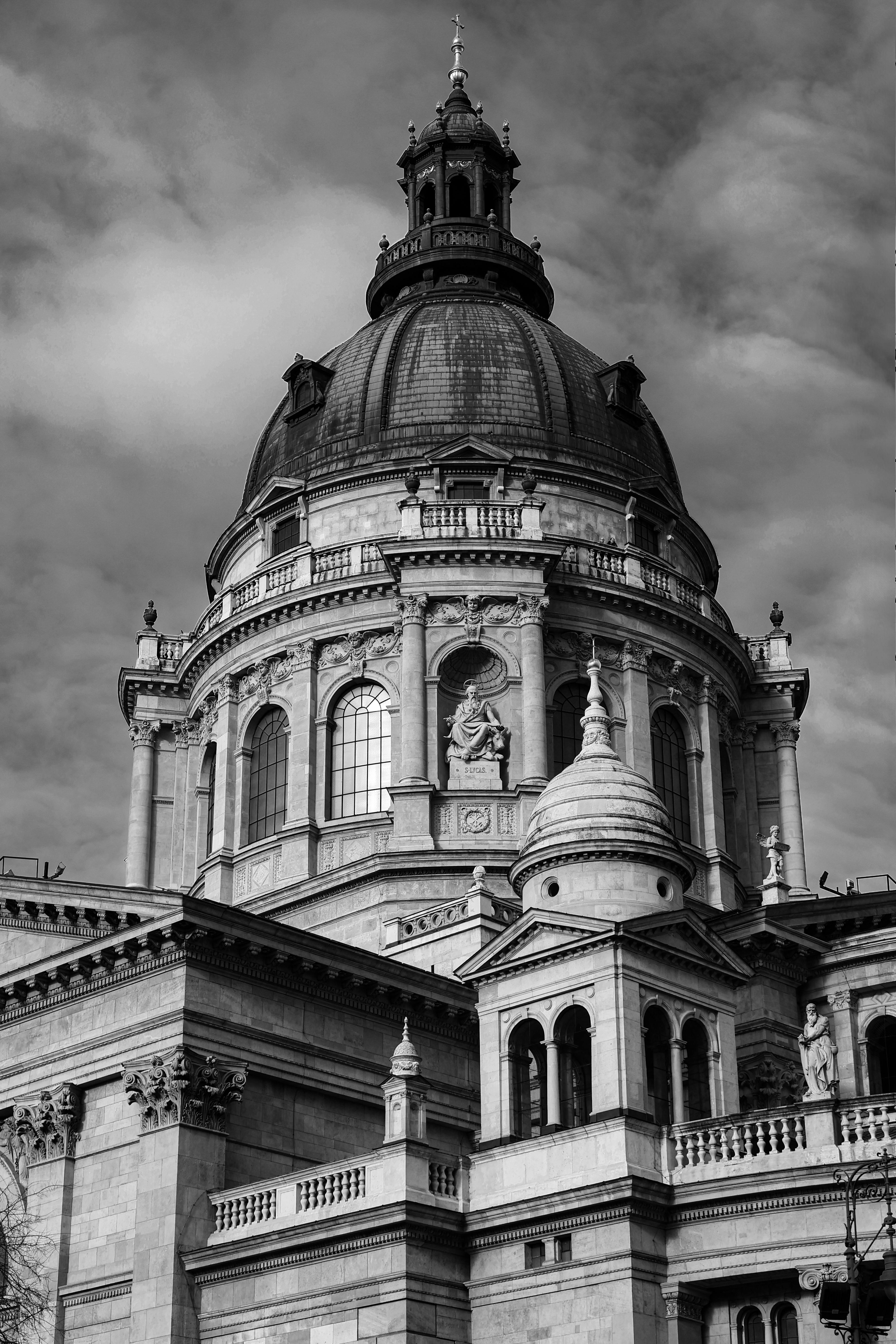 Black and white low angle view of St. Stephen's Basilica in Budapest, Hungary.
