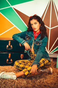 一位穿着牛仔夹克和格子裤的时尚年轻女子，在室内戴着复古手提箱，以几何背景为衬托摆姿势