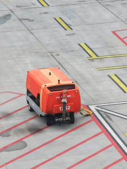 Airport ground vehicle on a marked concrete runway in Hamburg, Germany.