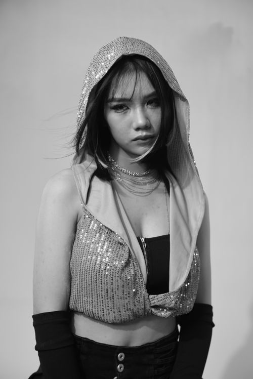 Free Stylish black and white portrait of a woman modeling in a sequin hood and tank top. Stock Photo