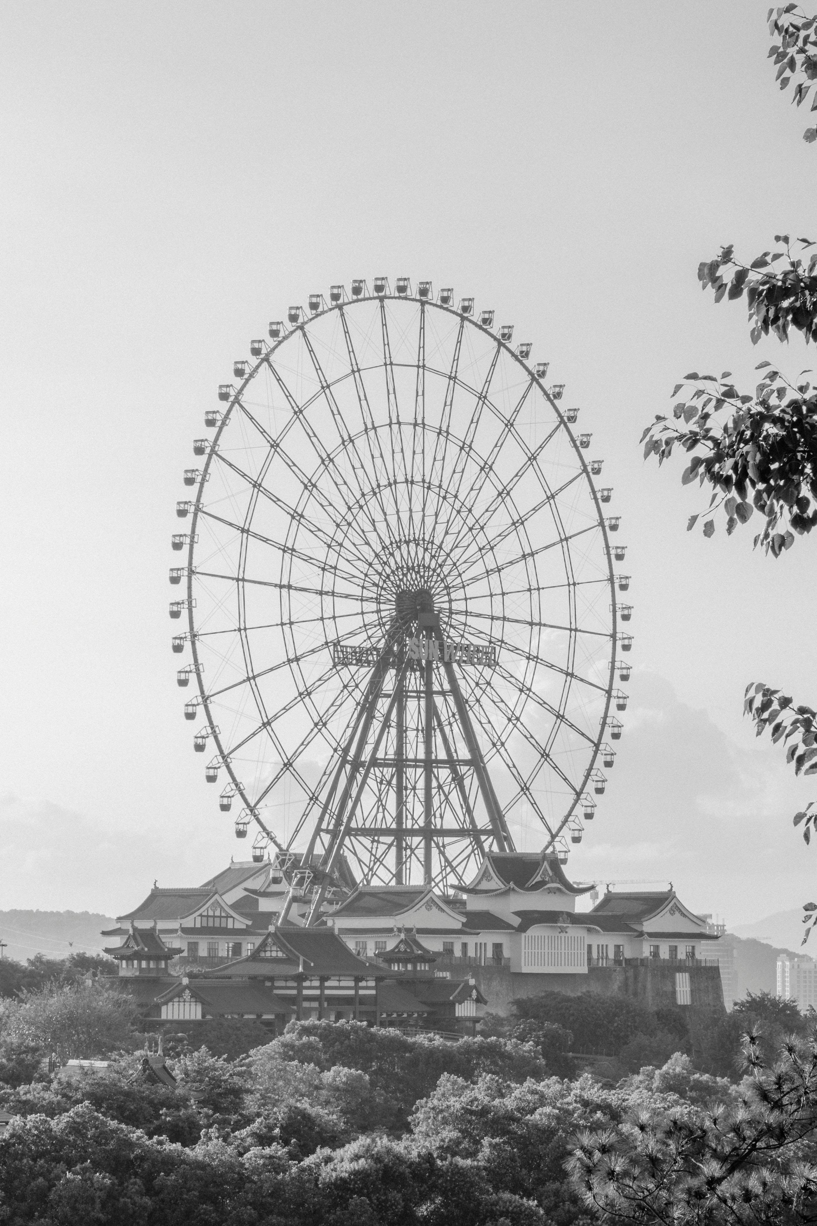 Black and white photo of a Ferris wheel against a skyline, exuding nostalgic charm.