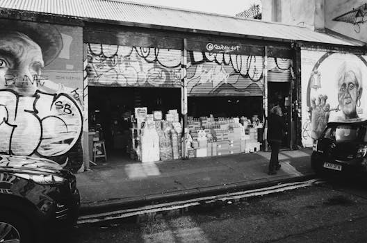 伦敦一家店面的单色街景与涂鸦艺术，描绘了城市文化