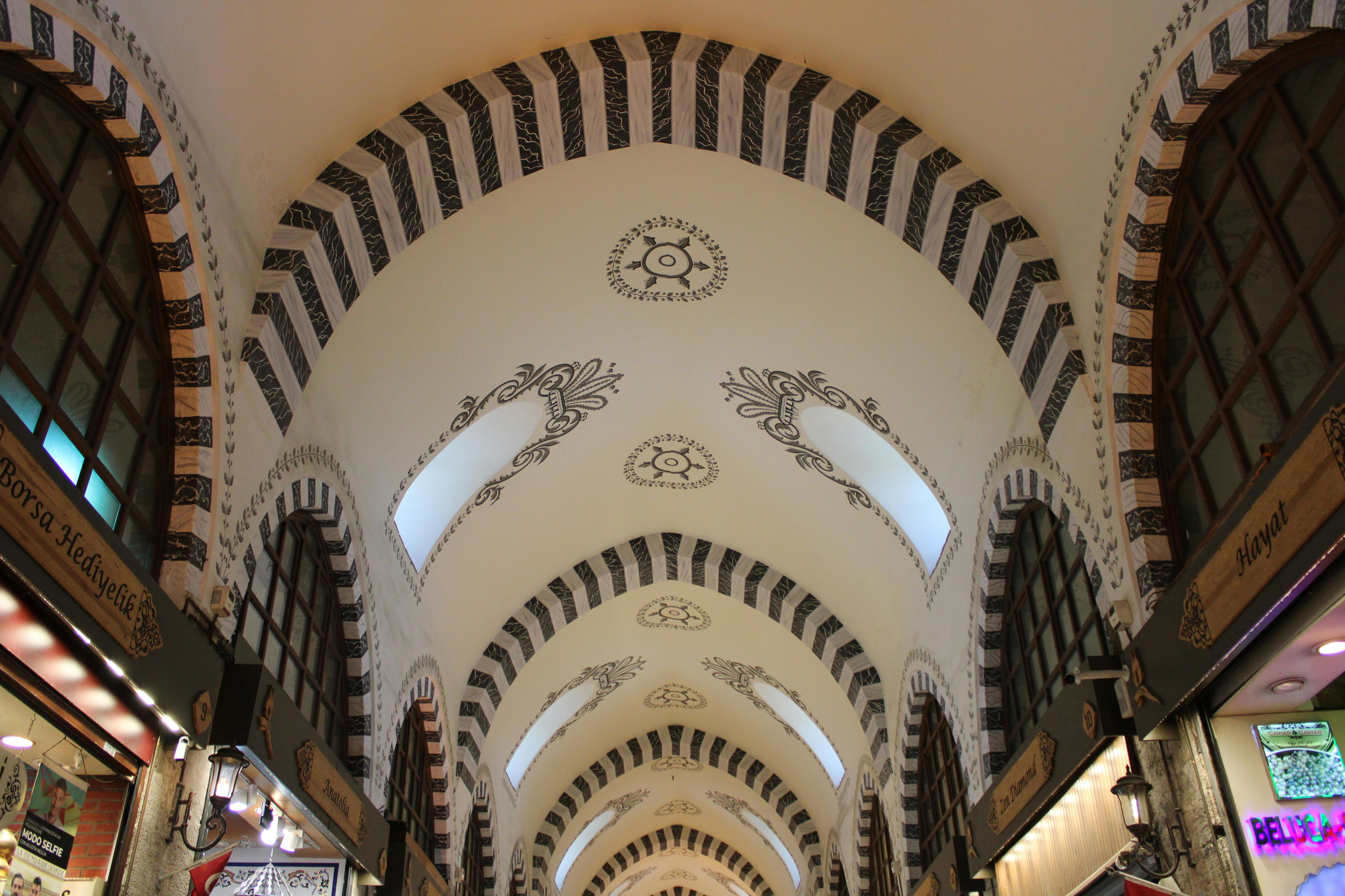 Ornate ceiling details in Istanbul's historic Egyptian Bazaar — 1664 Ottoman spice market with 87 shops