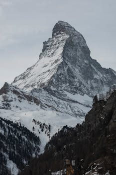 Stunning view of the snowcapped Matterhorn in Zermatt, showcasing its winter beauty and natural grandeur.