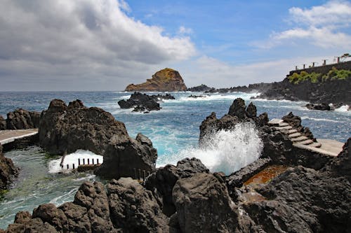 A rocky shore with waves crashing into the rocks