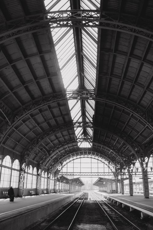 Free Architectural interior of a historic train station with arched roof in black and white. Stock Photo