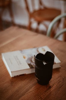 A cozy indoor scene featuring a book and a camera lens on a wooden table, capturing a warm ambiance.