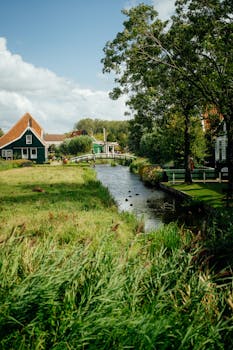 Scenic view of a quaint Dutch village with green houses by a serene river.