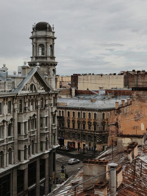 Free Aerial view of ornate historic buildings in Saint Petersburg, Russia Stock Photo