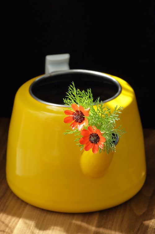 Free A sunny yellow teapot adorned with vibrant red flowers against a dark background, highlighting its colorful charm. Stock Photo