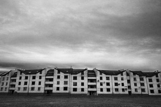 Black and white image of residential buildings in Alytus, Lithuania under an overcast sky.