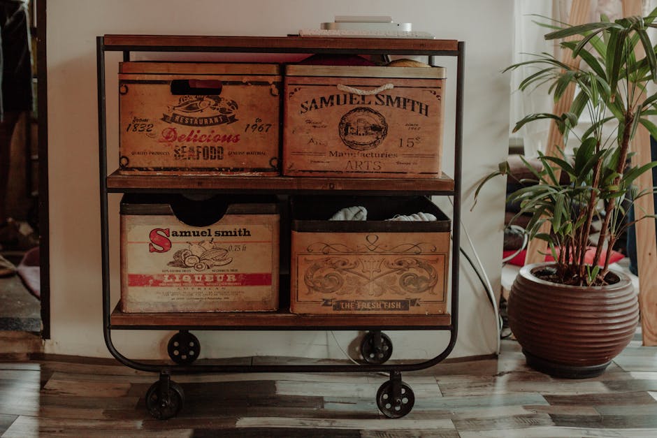 Industrial metal display racks in a minimalist living room with decorative home goods