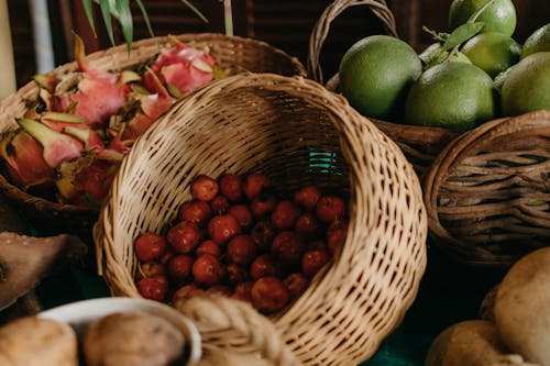 A table with baskets of fruit and vegetables