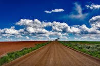 泥土路两侧是广阔的农田，头顶是蔚蓝的天空和蓬松的云层，景色十分美丽