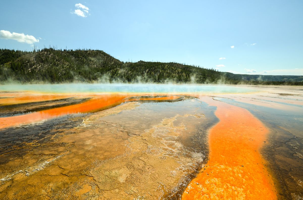 Grand Prismatic Spring's blue and orange bands from above
