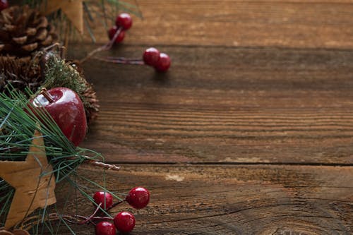 Apple and Cherry Fruits on Wood Plank