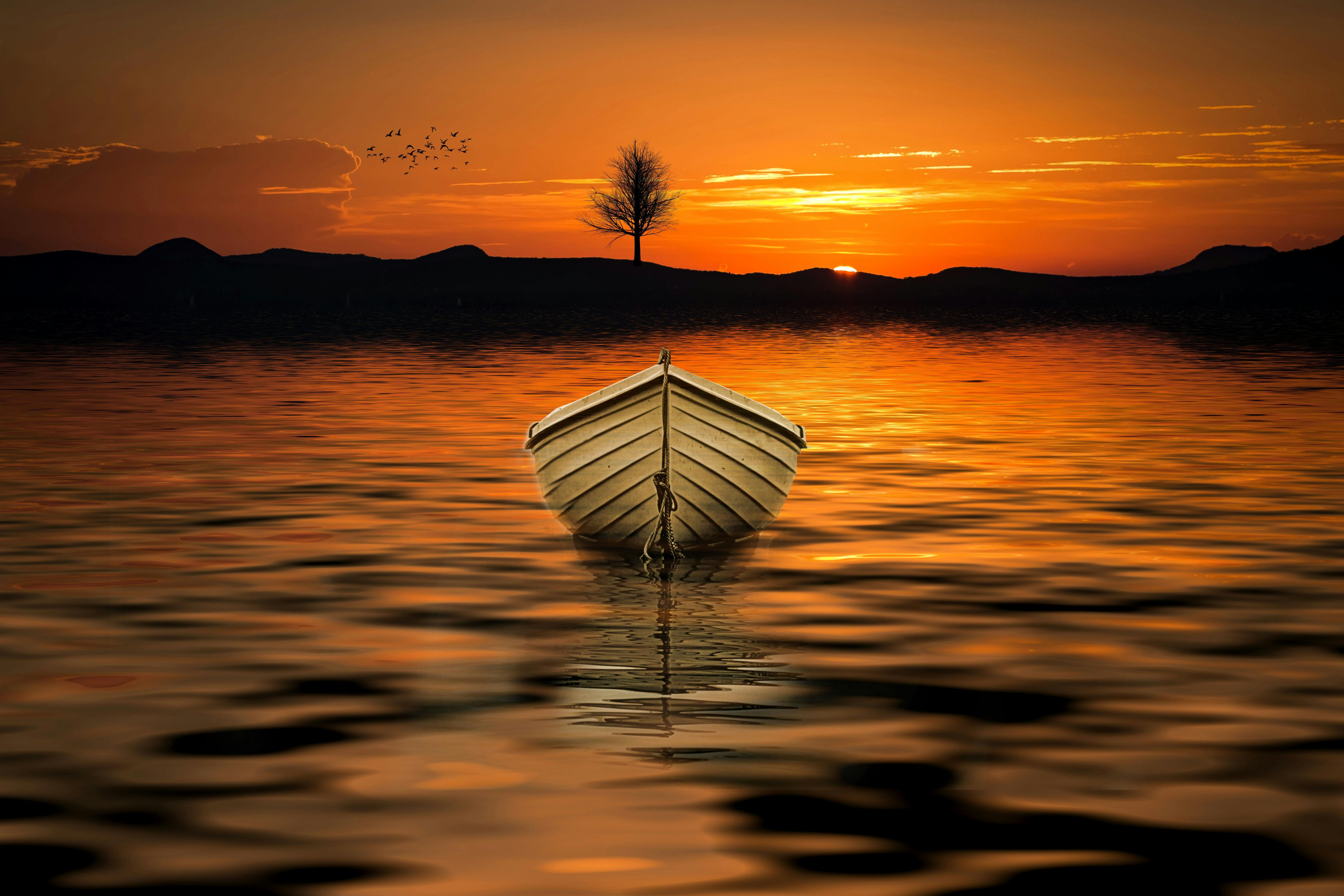 Brown Row Boat On Body Of Water Painting Free Stock Photo