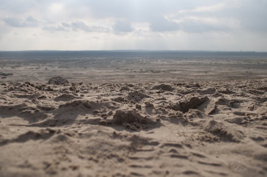 A vast and arid desert landscape under a cloudy sky illuminated by daylight.