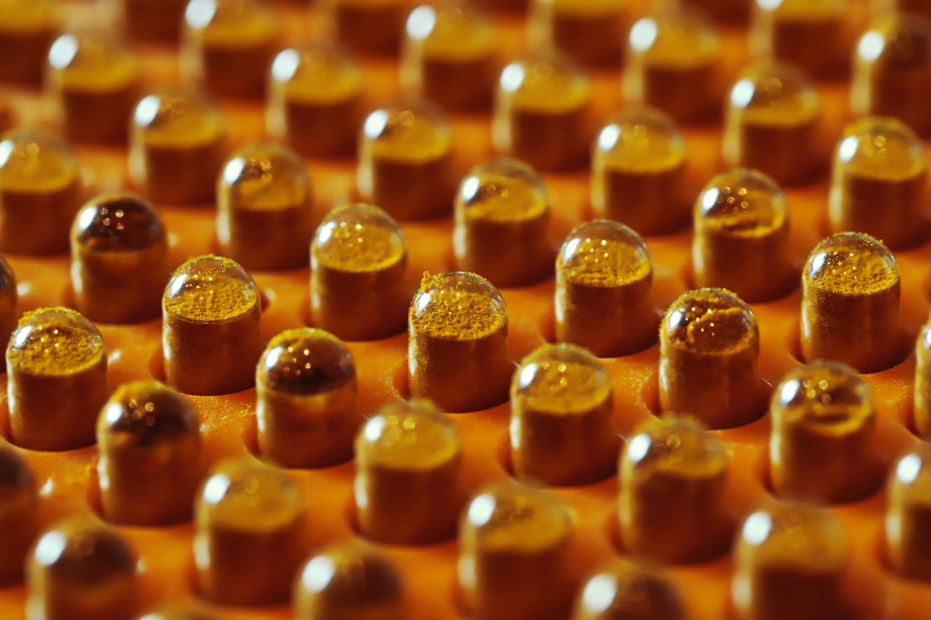 close-up of natural supplement powder being stirred into a warm drink with chamomile flowers visible in the background