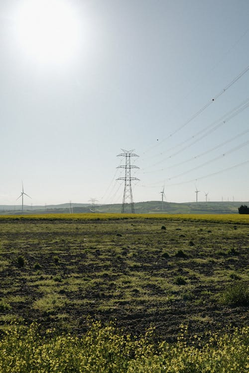 A field with power lines and a sun