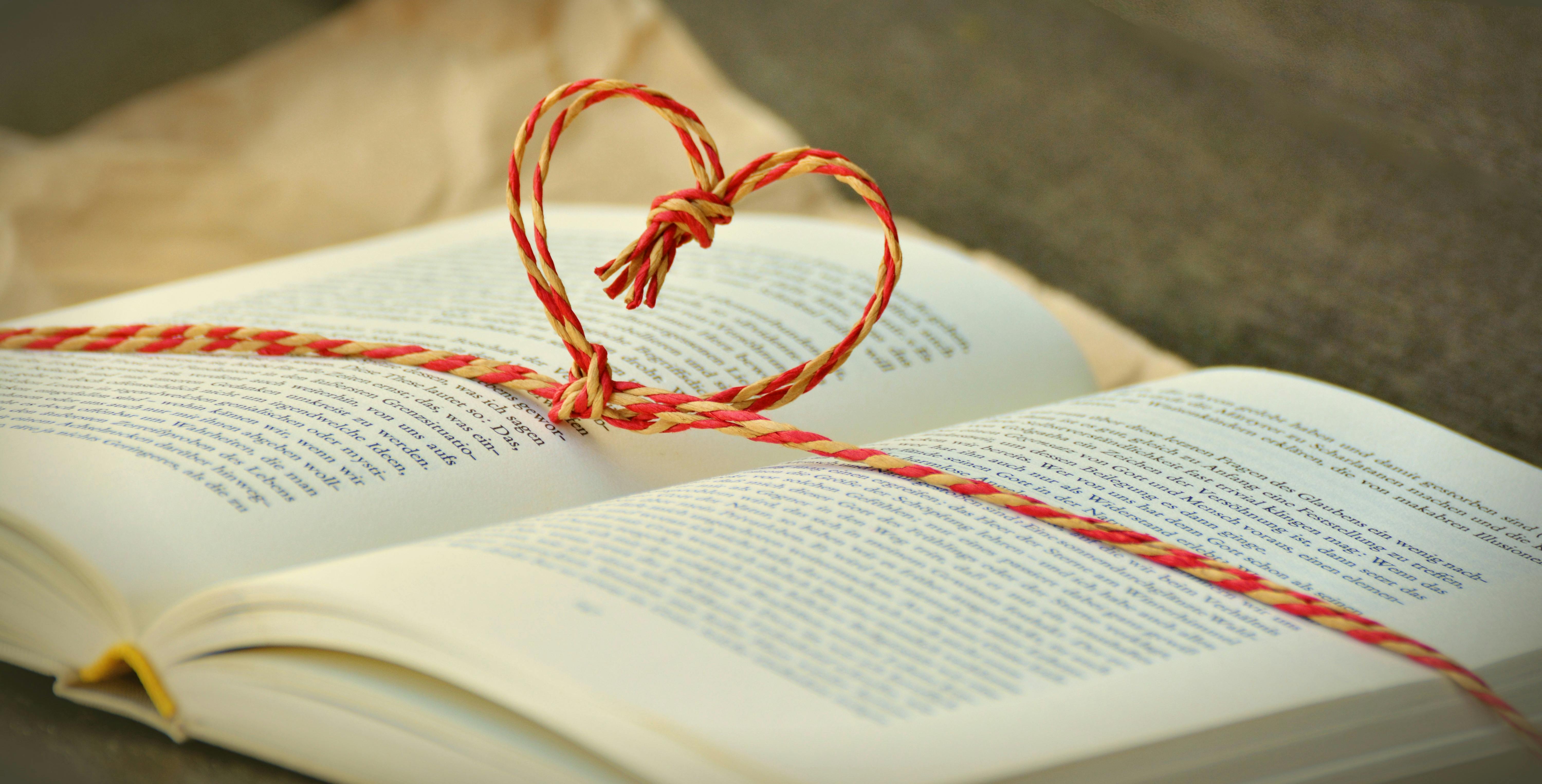 Tied Red and Beige Heart Knot on Opened Book Selective Focus Photo