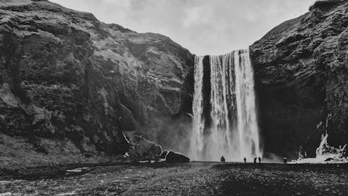 Black and white photo of a waterfall