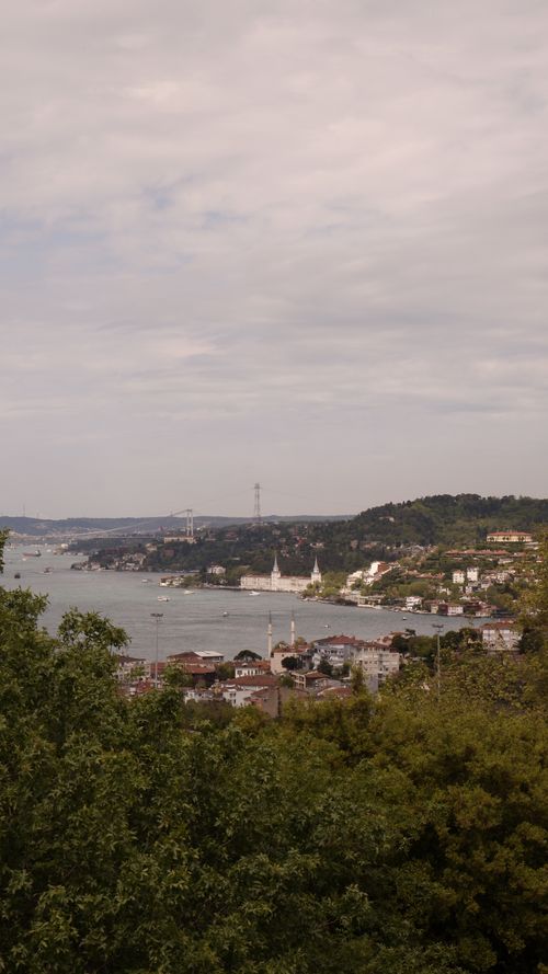 Free Aerial view of the Bosporus Strait with surrounding landscape and cityscape, featuring lush greenery and serene waters. Stock Photo