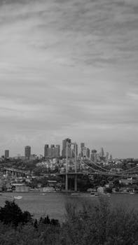 Black and white view of Bosphorus Bridge with Istanbul skyline in the background.