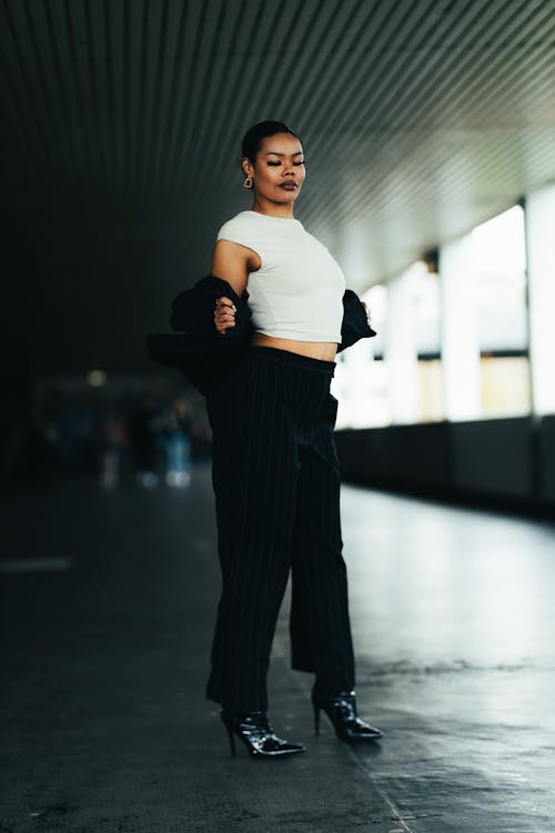 Model in Striped Pants and Heels