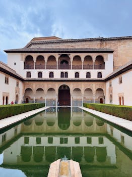 The serene reflecting pool at Alhambra Palace in Granada, Spain.