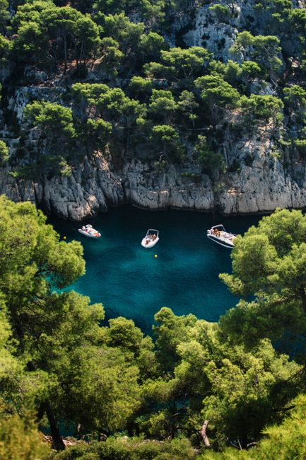 Explore boats anchored in a stunning turquoise lagoon surrounded by lush pine trees from above.