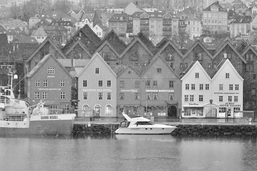 Historic Bryggen Wharf in Bergen, Norway showcasing traditional wooden buildings by the waterfront.