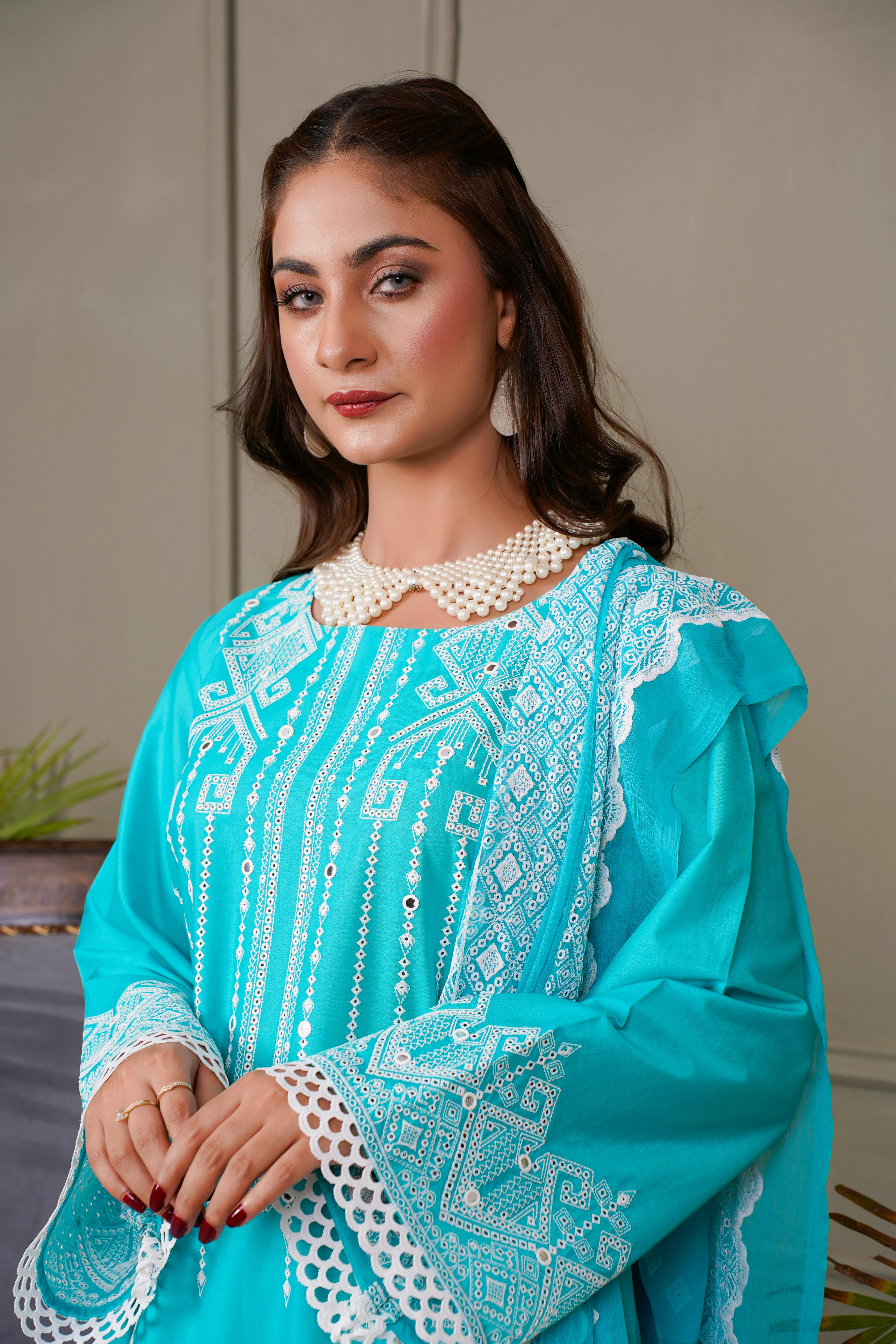 model in blue kurta with embellishments