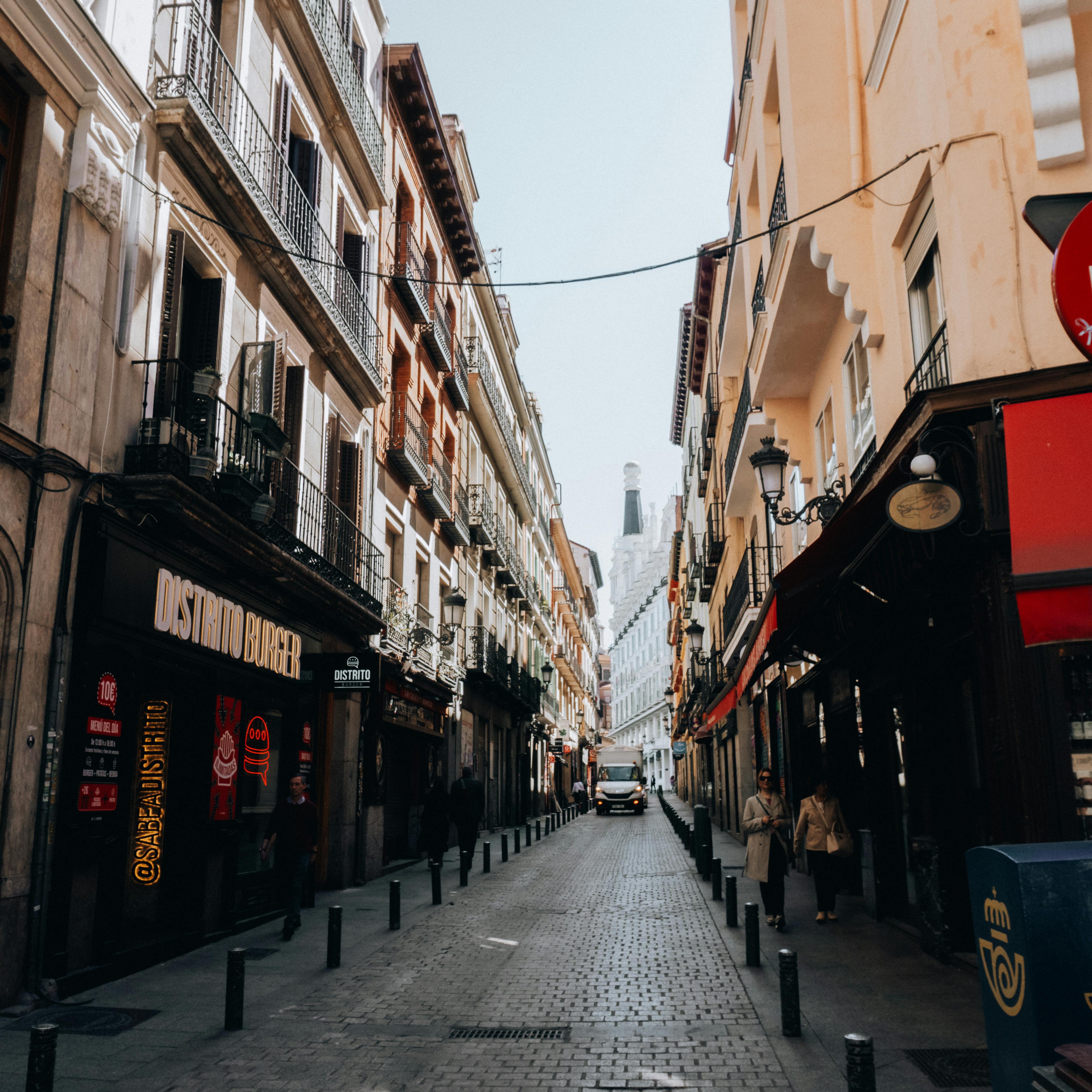 Captivating urban alleyway in Madrid capturing the essence of Spanish architecture.