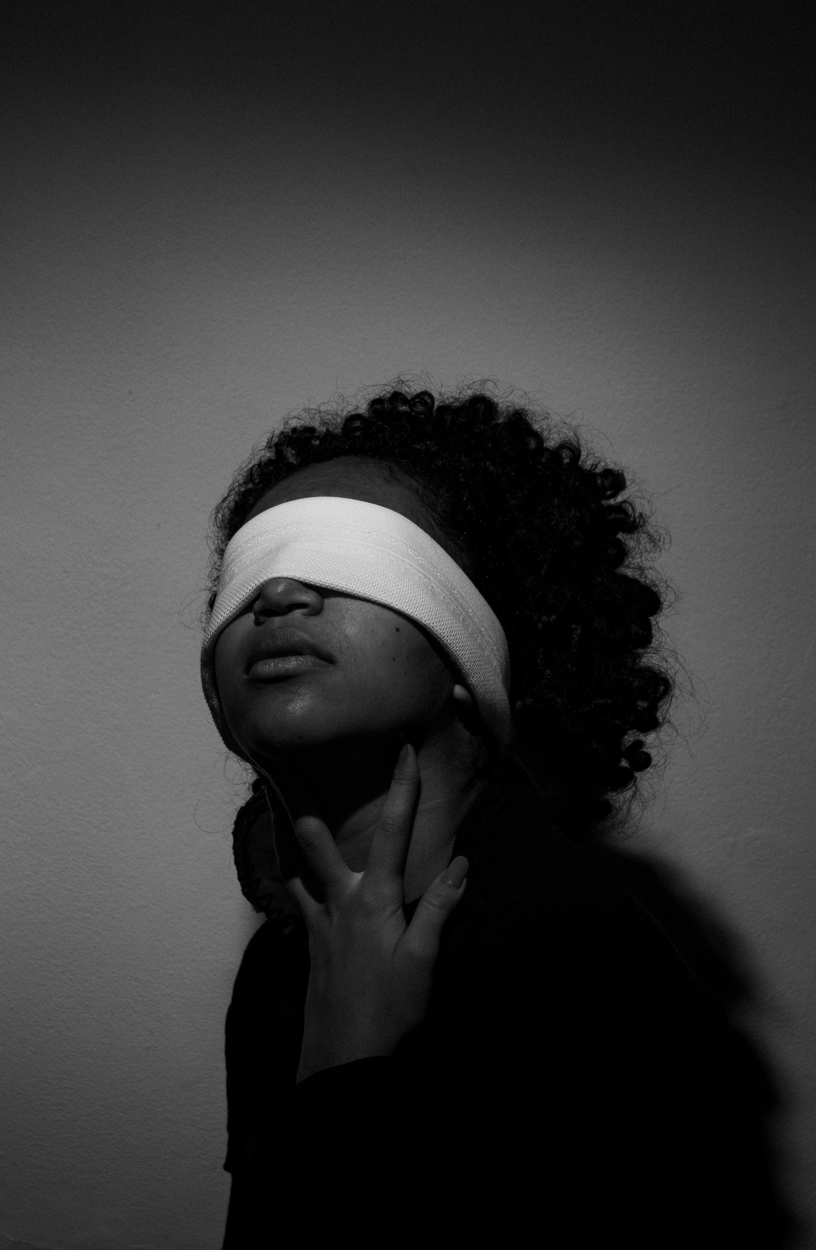 Beautiful Blindfolded Girl On Black Stock Photo 1110290966