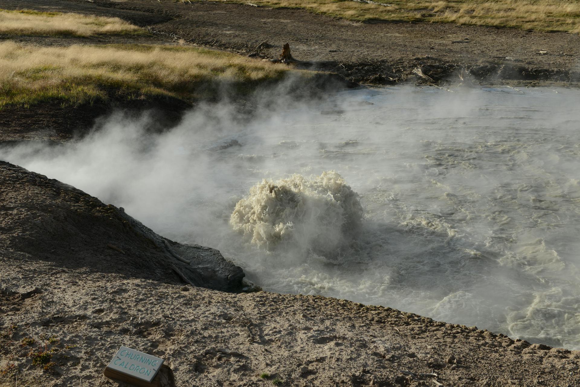 Steaming geothermal activity at Churning Caldera, Yellowstone National Park.