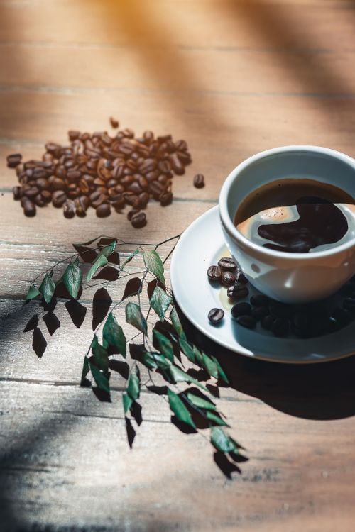 Free A cup of coffee and beans on a sunlit wooden table in Rio de Janeiro, Brazil. Stock Photo