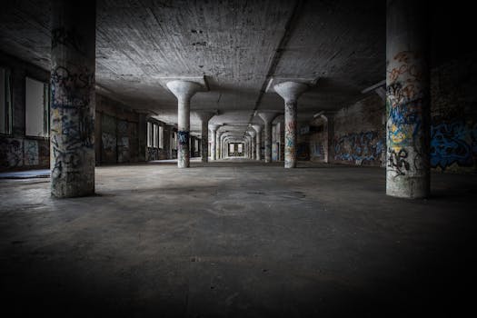 Moody interior of an abandoned warehouse featuring graffiti-covered columns and empty space.