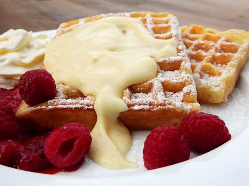 Free Plate of Waffles and Raspberries Stock Photo
