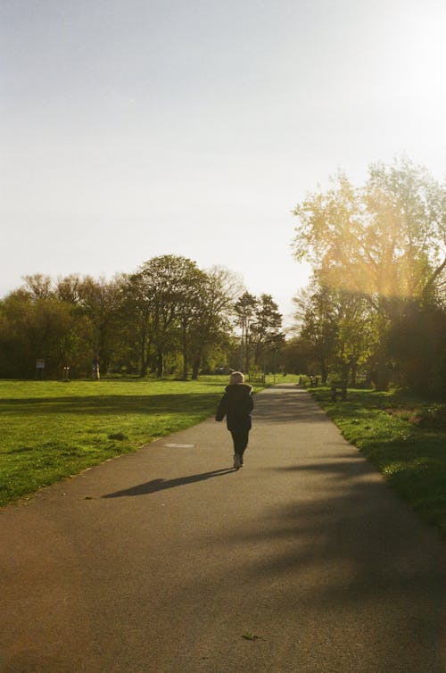 A person walking down a path in a park